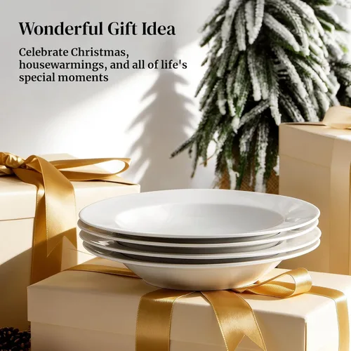 Vista 8 de DOWAN Juego de 4 cuencos de sopa y pasta, platos de ensalada de borde ancho de porcelana blanca, platos de pasta de 8 onzas, aptos para microondas