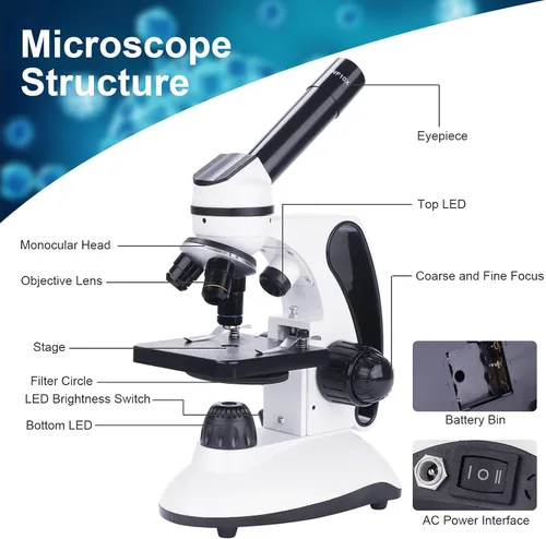 Vista 6 de BEBANG - Microscopio monocular para adultos y estudiantes, aumento de 40X-2000X, microscopios duales LED para principiantes y niños con kits