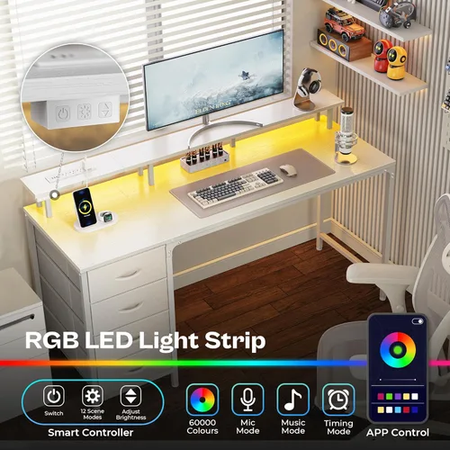 Vista 3 de Huuger 55 Inch Computer Desk with Power Outlets and LED Lights, Gaming Desk with 4 Drawers, Office Desk with Monitor Stand, Study Work Home Office