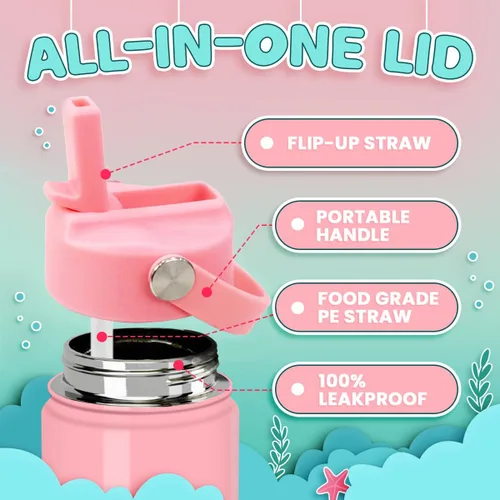 Vista 3 de Botella de agua de sirena para niñas, botella de agua para niños con tapa con popote, botellas de agua aisladas de acero inoxidable de 12 onzas