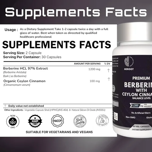 Vista 6 de Berberina prémium con cápsulas de canela de Ceilán, 60 unidades, vegetariana, sin OMG, sin gluten, certificada orgánica