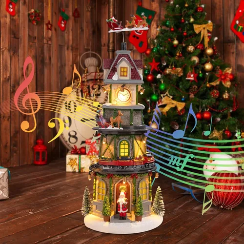 Vista 2 de Casas de Pueblo Navideño Edificios Coleccionables de Navidad Campanario con Luces LED, Pueblo de Vacaciones Navideñas Musical con USB Figuras
