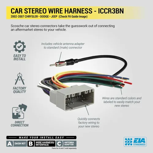 Vista 10 de Kit de instalación de radio para salpicadero Scosche ICCR3BN de un solo DIN, compatible con ciertos vehículos Chrysler, Dodge y Jeep de 2002-07