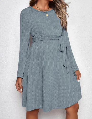 Vista 2 de Ekouaer Vestido de maternidad para mujer, de punto acanalado, manga larga, cuello redondo, ropa de embarazada con cinturón