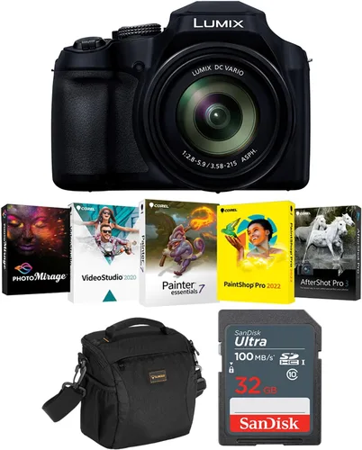 Panasonic Cámara digital LUMIX FZ80D de 18.1MP | Video 4K, punto de zoom óptico 60x y disparo | Paquete con tarjeta SD de 32 GB, bolsa de hombro