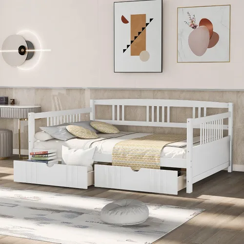 Vista 8 de Sofá cama de madera maciza con dos cajones, soporte de listones de madera, marco de cama para dormitorio, sala de estar (expreso, individual)