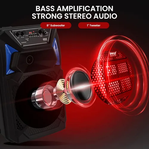 Vista 2 de Pyle Altavoz PA Bluetooth y sistema de micrófono, altavoz de karaoke portátil con micrófono con cable, luces LED de fiesta integradas, radio FM