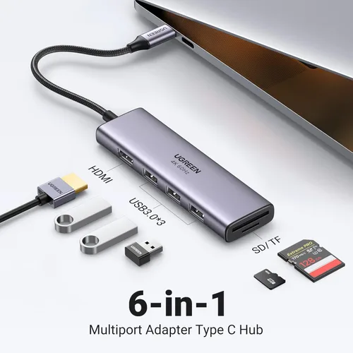 Vista 8 de UGREEN Hub USB C 4K a 60Hz, adaptador multipuerto USB C 6 en 1 con 3 puertos USB 3.01 HDMI, lector de tarjetas SDTF, dongle USB C para portátil