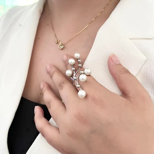 Vista 12 de Handmade Pearl Ring Stacking Pearl Statement Rings Adjustable Open Pearl Full Finger Ring Trendy Personality Pearl Cluster Jewelry for Women (B-gold)