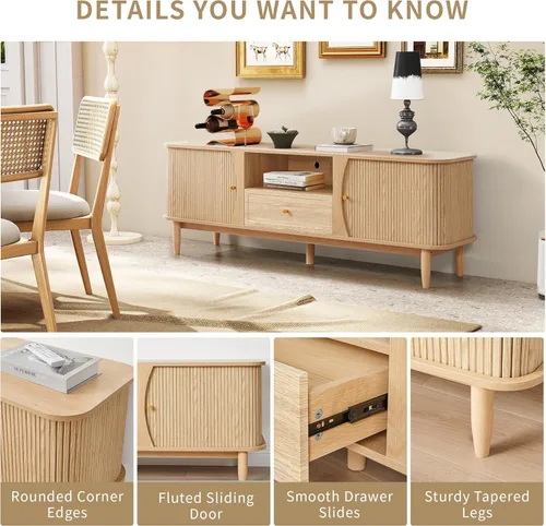 Vista 14 de Soporte de TV, mesa consola multimedia con puerta corredera y compartimento de almacenamiento, centro de entretenimiento moderno con almacenamiento