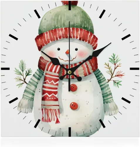 Cute Snowman in Watercolor Small Clock Clocks for Bedroom Square Wall Clock PVC Kitchen Clocks Battery Operated Office for Kitchen Bathroom Bedroom