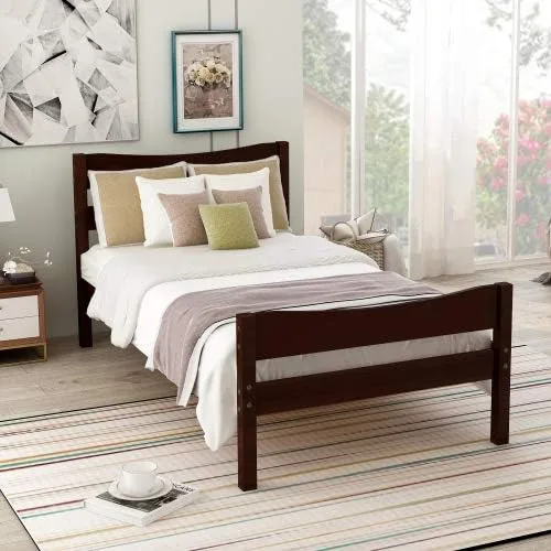 Vista 10 de Base de cama individual de madera moderna con cabecero, marco de cama de plataforma tamaño individual, camas individuales, cama individual