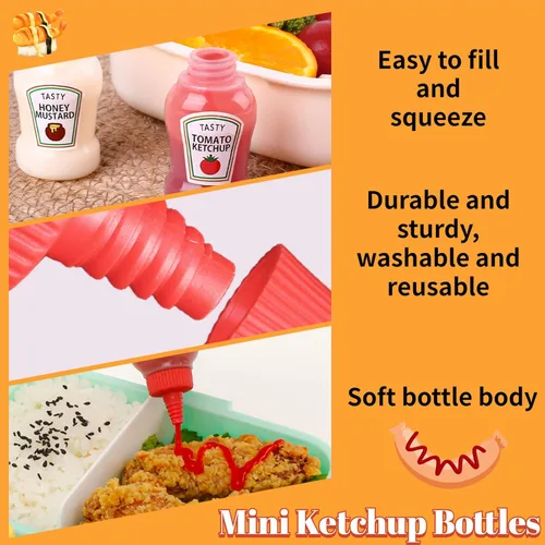 Vista 3 de Niurewan 8 mini botellas de ketchup de 0.8 onzas líquidas, botella de plástico portátil para adultos, oficina, lonchera, picnic, aceite, salsa