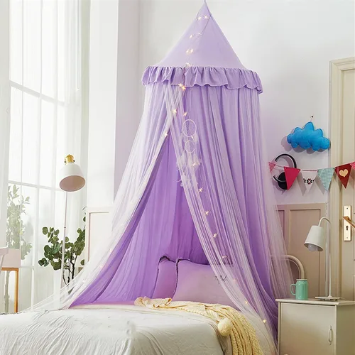 Vista 10 de VETHIN Toldo de cama para niños con luces, doble capa de cúpula redonda de princesa para niños, mosquitera de ensueño, habitación de niñas