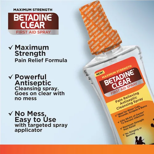 Vista 3 de Betadine Clear - Espray de primeros auxilios de máxima potencia, antiséptico de alivio del dolor, sin picazón, mata el 99.9% de los gérmenes*, ayuda