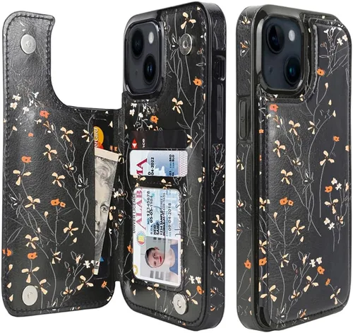 Vista 37 de uCOLOR Funda de piel con tapa para tarjetas compatible con iPhone 13 6.1, iPhone 14 6.1, mujeres y niñas con tarjetero y función atril