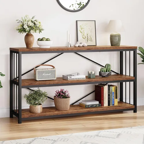 Vista 26 de LVB Mesa consola industrial, mesa de sofá de metal y madera, mesa de entrada rústica con almacenamiento, moderno estante de 3 niveles mesa larga