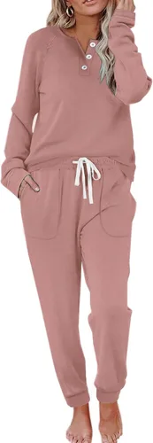 Wiholl - Conjuntos de dos piezas para mujer: ropa cómoda con sudadera abotonada y pantalones deportivos con bolsillos