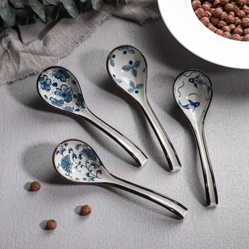 Vista 6 de Juego de 4 cucharas de sopa asiáticas de mango largo, cucharas de sopa chinas de cerámica japonesa, cucharas de ramen japonés estilo retro, cuchara