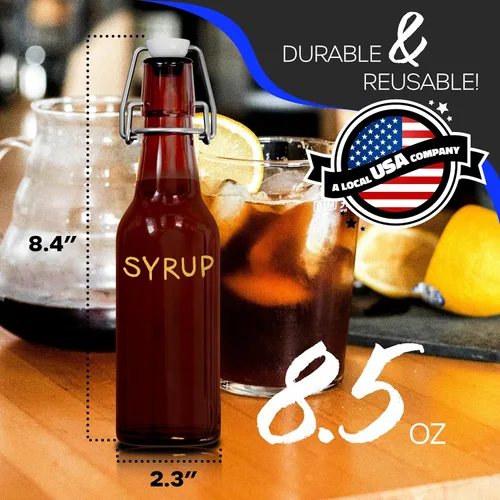 Vista 3 de Nevlers 8.5 Oz Botellas de vidrio ámbar para cerveza de 12 unidades Botellas de vidrio con tapa abatible con tapas herméticas Juego de botellas