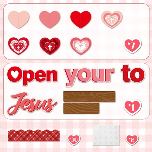 Vista 2 de CY2SIDE Juego de 99 piezas de recortes para tablón de anuncios, diseño de corazón rojo de Pascua, cruz plegable, etiquetas de nombre para la escuela
