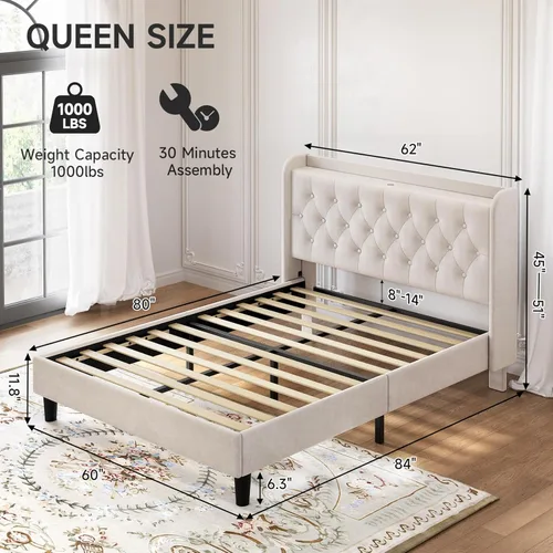 Vista 97 de koorlian Base de cama Queen con cabecero, base de cama tapizada ajustable con puertos tipo C y USB, cabecera de almacenamiento con respaldo de ala