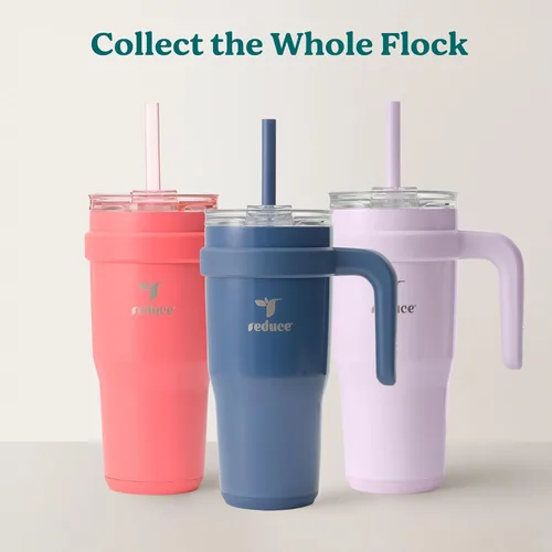 Vista 7 de REDUCE Vaso de acero inoxidable de 24 onzas con asa, con aislamiento al vacío de doble pared, tapa a prueba de sudor y popote reutilizable, mantiene