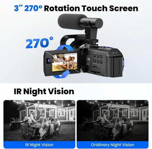Vista 3 de Videocámara Camcorder 5K, Cámara de Vlogging de Doble Lente para YouTube, Pantalla Táctil WiFi Rotatoria de 3" 270°, 56MP