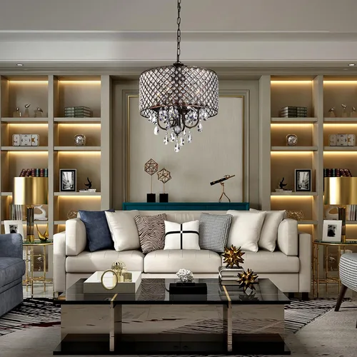 Vista 5 de Edvivi Marya - Candelabro de cristal con 4 luces, acabado de cobre antiguo, lámpara de techo ajustable con pantalla redonda de cristal para sala