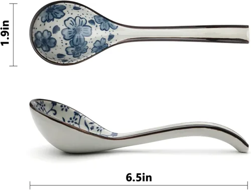 Vista 3 de Juego de 4 cucharas de sopa asiáticas de mango largo, cucharas de sopa chinas de cerámica japonesa, cucharas de ramen japonés estilo retro, cuchara