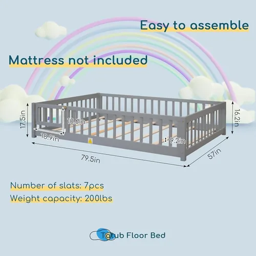 Vista 14 de Tatub Cama de suelo individual con rieles, puerta y listones, marco de cama Montessori de madera para niños y niñas, rosa