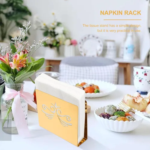 Vista 5 de Stainless Steel Napkin Rack with Gold Floral Pattern, Stylish Serviette Holder for Hotel and Home Use, Square Tissue Stand for Dining Table and