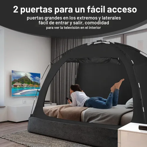 Vista 2 de EighteenTek Toldo de cama con luces, tienda de campaña de cama matrimonial Sleeping Dream, portátil, para habitación con corrientes de aire