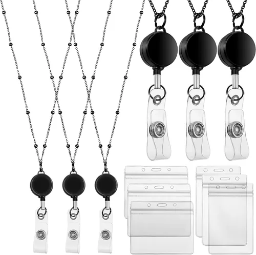 Zonon Cordón Retráctil con Portaidentificación 3 Piezas Collar de Insignia con Cuentas con 6 Portarjetas Impermeables de Acero Inoxidable ID Negro
