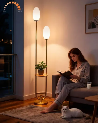 Vista 21 de Lightdot Lámparas de pie bohemias regulables para sala de estar, lámpara de pie de ratán de 3 luces con estantes, lámpara de pie de granja blanca