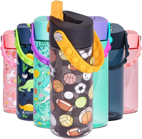 Vista 192 de Elemental Botellas de agua para niños – Botella de agua para niños Splash para la escuela con mango Pop-it – Botella de agua de plástico Tritan sin