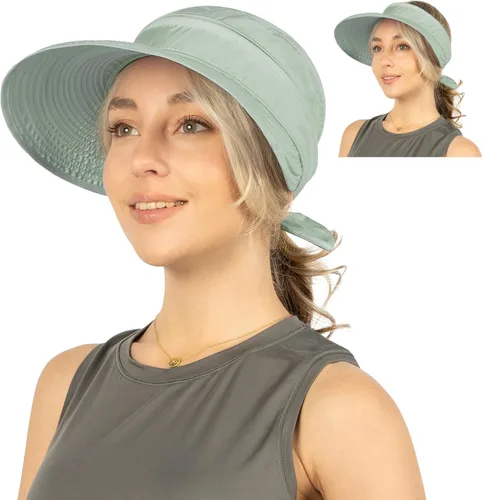 Vista 20 de SUN CUBE Sombrero de sol para mujer para protección UV al aire libre, sombrero de sol de ala ancha, cola de caballo, sombrero de playa convertible