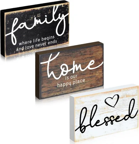 Vista 11 de Jetec 3 piezas de letrero de hogar familiar bendecido en madera rústica, letrero decorativo mini en forma de corazón, decoración en madera