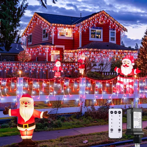 Vista 23 de JMEXSUSS 400 luces LED de Navidad de carámbano de 38.8 pies con control remoto, tira de luces multicolor para exteriores enchufables, 8 modos