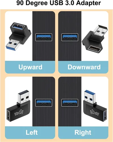 Vista 2 de Jadebones Adaptador USB 3.0 de 90 grados (paquete de 4), ángulo vertical hacia arriba y hacia abajo, conector extensor USB macho a hembra de ángulo