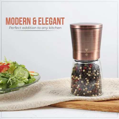 Vista 2 de Molinillo de pimienta de cobre o molinillo de pimienta, molinillo de sal manual recargable con grosor ajustable, molinillo de pimienta negra hecho