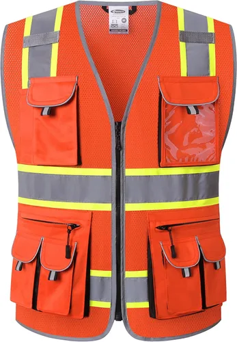 Vista 6 de JKSafety Chaleco de seguridad de color negro con 10 bolsillos, cremallera frontal, con tiras altamente reflectantes, cumple con las normas ANSI/ISEA