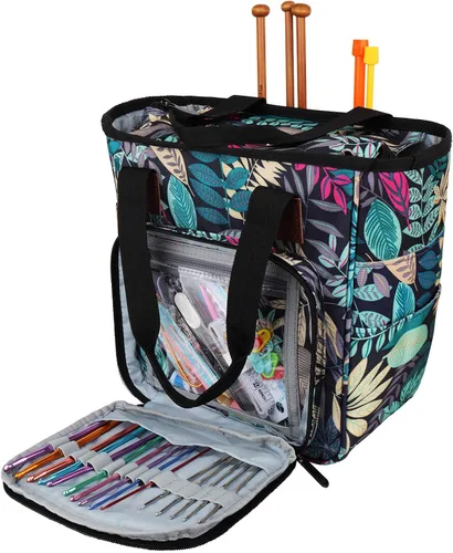 Coopay Bolsa de ganchillo y tejer, organizador de viaje para manualidades, ganchos, agujas, madejas, pintura de diamantes, suministros (verde bosque)