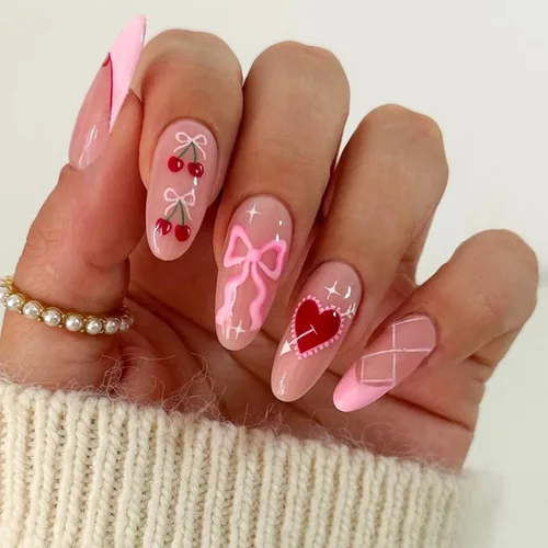 Vista 10 de IMSOHOT Uñas postizas a presión medianas de almendra, sol dorado, luna, patrón de corazón, uñas adhesivas de cobertura completa, brillantes