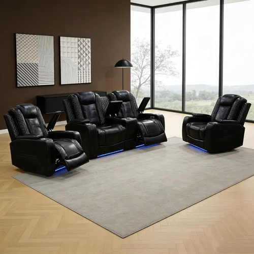 Vista 46 de Juego de sofá reclinable eléctrico para sala de estar, juego de sofá reclinable de pana con luces LED, puertos USB, almacenamiento oculto, juego