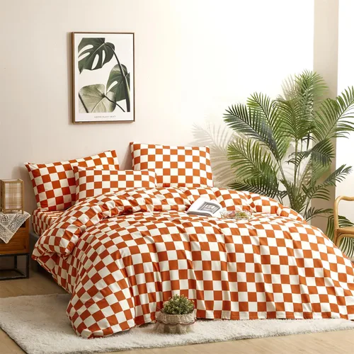 Vista 184 de CLOTHKNOW Juego de edredón de 3 piezas a cuadros color beige óxido, tamaño Full, juego de ropa de cama de cuadros edredón terracota con 2 fundas
