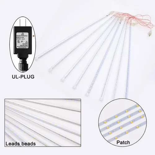 Vista 3 de Luces de Navidad de lluvia de meteoritos para exteriores, 8 tubos, 192 luces LED de lluvia que caen, luces impermeables para exteriores, enchufes