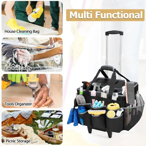 Vista 6 de HODRANT Carrito de Limpieza Grande con Carro Desmontable y Correa de Hombro, Bolsa de Suministros de Limpieza con Asas y Placas de Soporte