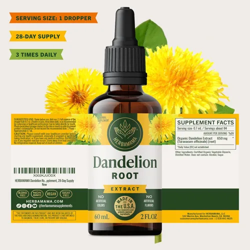 Vista 8 de HERBAMAMA Extracto de raíz de diente de león para desintoxicación hepática - Gotas de drenaje linfático - Suplemento de raíz de diente de león