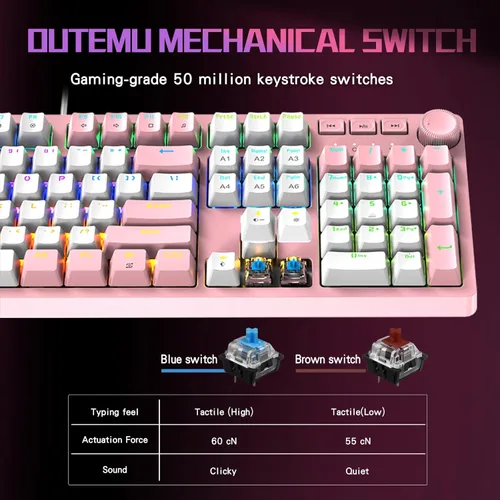 Vista 2 de FOXXRAY HKM-95 Teclado mecánico con cable para juegos, retroiluminado RGB de tamaño completo con perilla de control de medios, interruptores azules